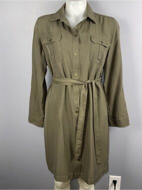 Chicos Shirt Dress Womens 1(M) Olive Green Roll Tab Sleeves Silk Blend *READ